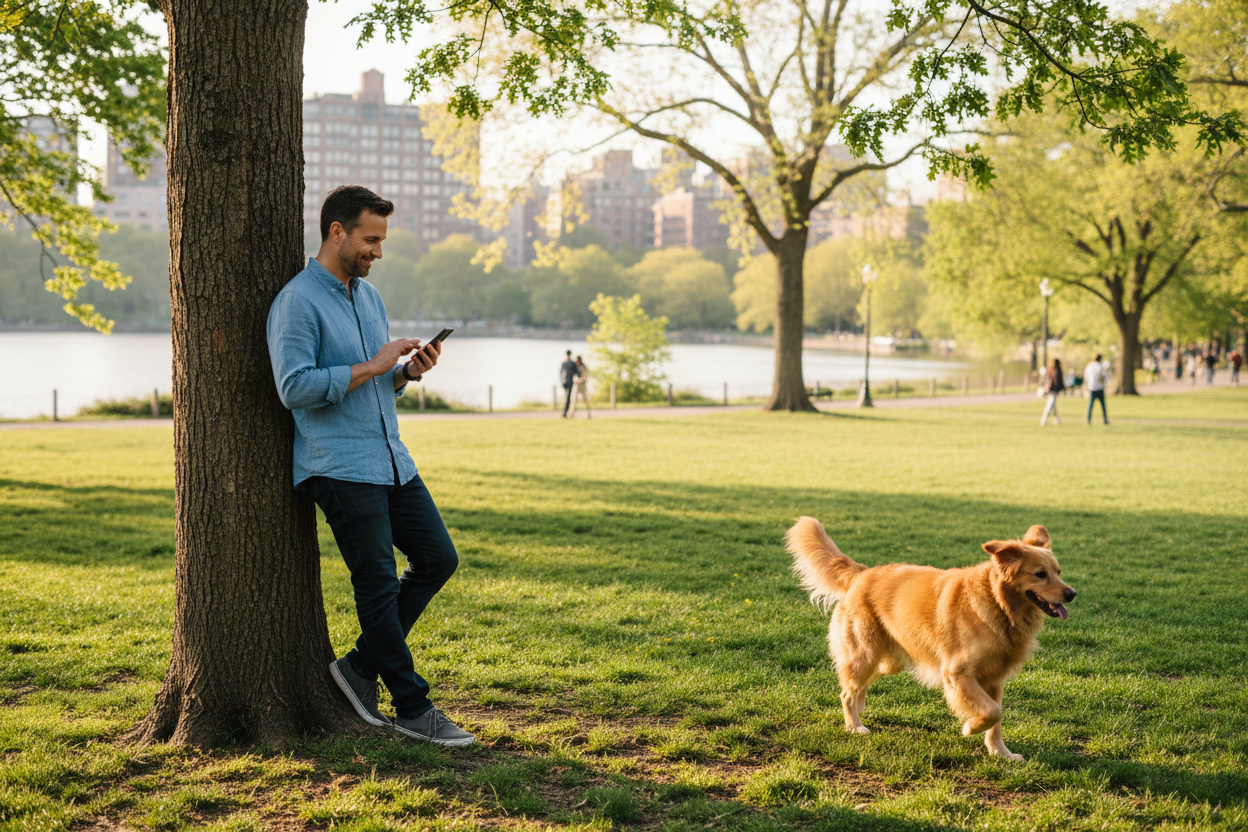 Confident pet owner letting dog run free with FurTracker GPS