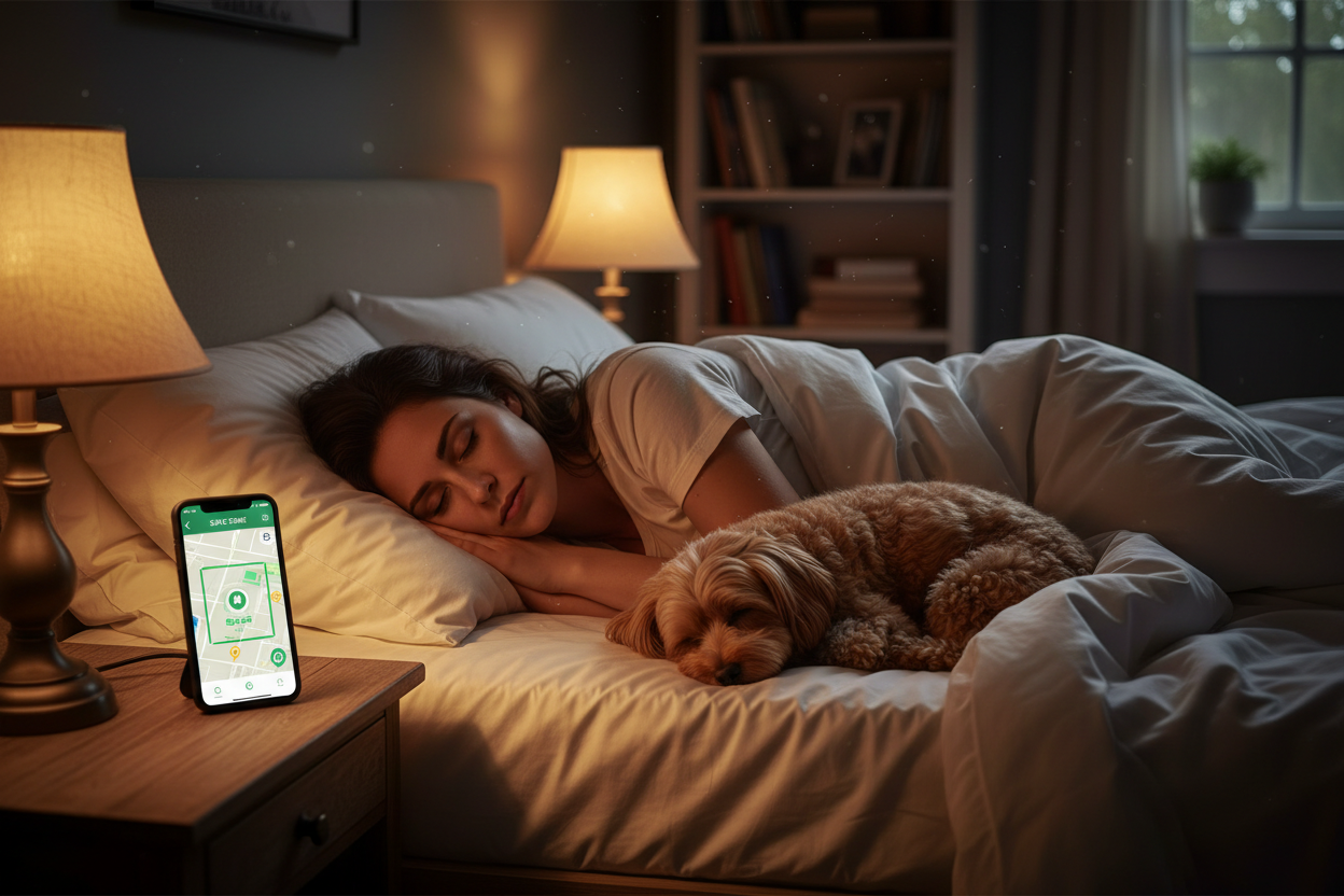 Woman sleeping peacefully knowing pet is safe with FurTracker GPS